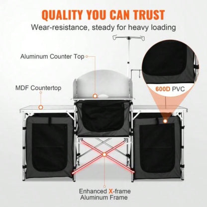 Camping Kitchen Table, Folding Outdoor Cooking Table with Storage Carrying Bag, Aluminum Cook Station 3 Cupboard Detachable Windscreen, Quick Set - up Picnics, BBQ, RV Traveling, Black