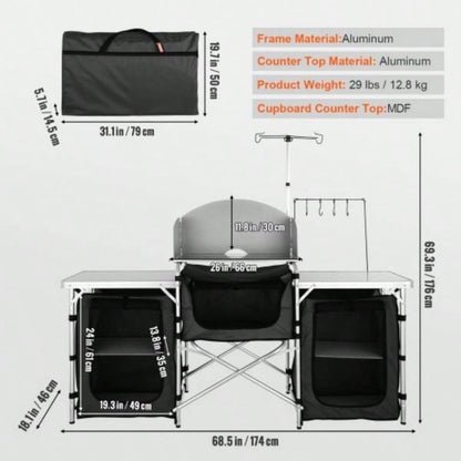 Camping Kitchen Table, Folding Outdoor Cooking Table with Storage Carrying Bag, Aluminum Cook Station 3 Cupboard Detachable Windscreen, Quick Set - up Picnics, BBQ, RV Traveling, Black