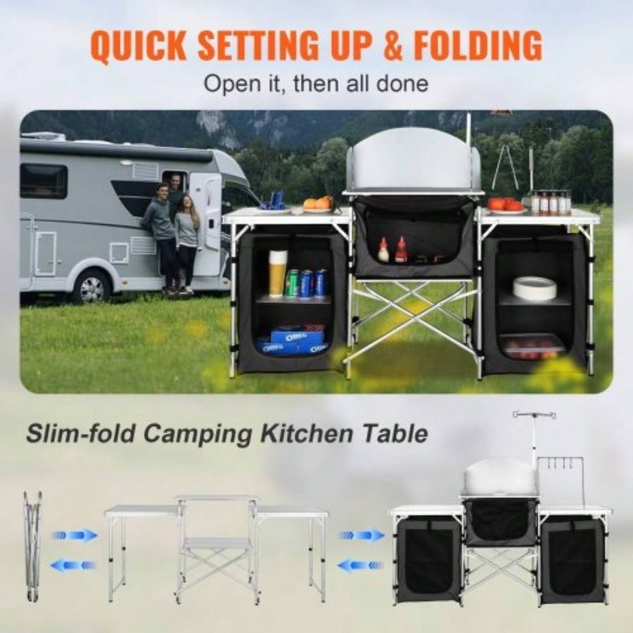 Camping Kitchen Table, Folding Outdoor Cooking Table with Storage Carrying Bag, Aluminum Cook Station 3 Cupboard Detachable Windscreen, Quick Set - up Picnics, BBQ, RV Traveling, Black