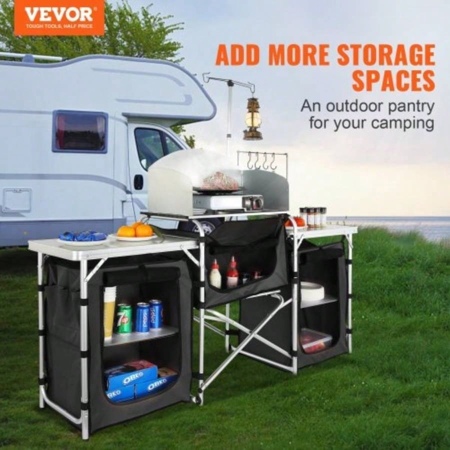 Camping Kitchen Table, Folding Outdoor Cooking Table with Storage Carrying Bag, Aluminum Cook Station 3 Cupboard Detachable Windscreen, Quick Set - up Picnics, BBQ, RV Traveling, Black