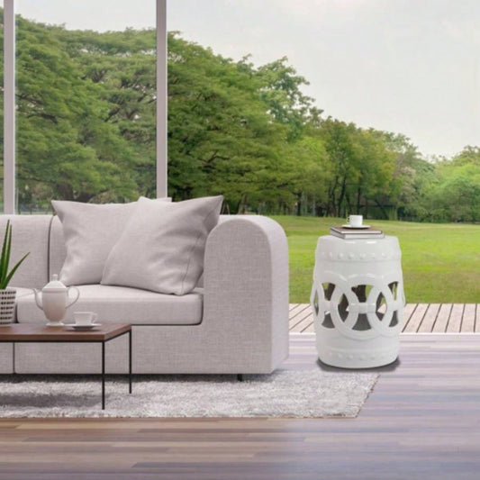 10.5x 17 Glazed Ceramic Drum Stool - Indoor/Outdoor Side Table - Accent Garden Stool