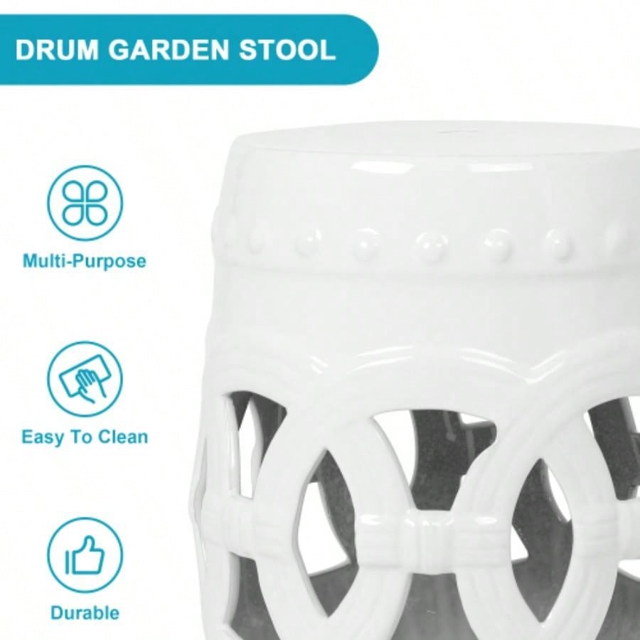 10.5x 17 Glazed Ceramic Drum Stool - Indoor/Outdoor Side Table - Accent Garden Stool