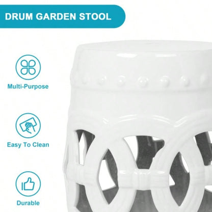 10.5x 17 Glazed Ceramic Drum Stool - Indoor/Outdoor Side Table - Accent Garden Stool