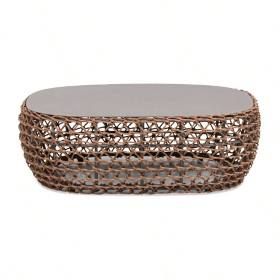 Willow 40.5 Oval Woven Patio Coffee Table, Golden Brown Wicker Frame, Wheat Beige