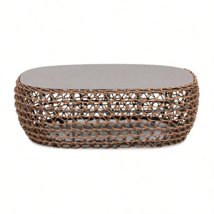 Willow 40.5 Oval Woven Patio Coffee Table, Golden Brown Wicker Frame, Wheat Beige