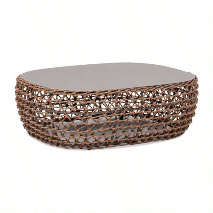Willow 40.5 Oval Woven Patio Coffee Table, Golden Brown Wicker Frame, Wheat Beige