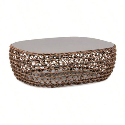 Willow 40.5 Oval Woven Patio Coffee Table, Golden Brown Wicker Frame, Wheat Beige