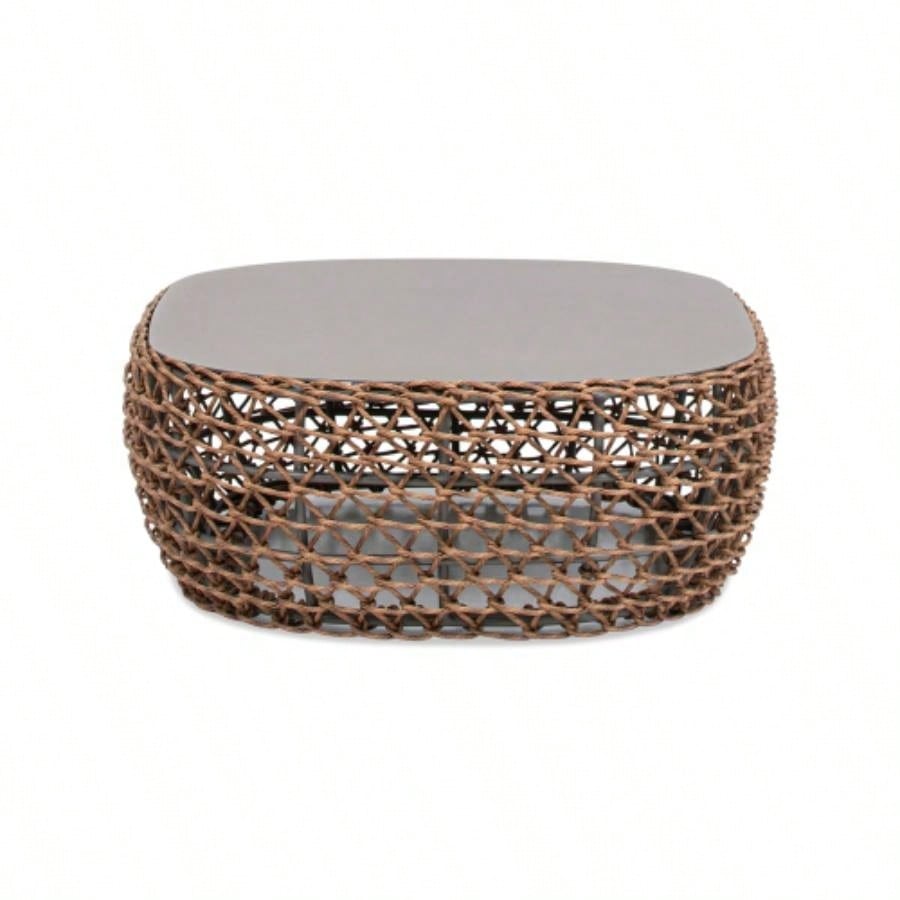 Willow 40.5 Oval Woven Patio Coffee Table, Golden Brown Wicker Frame, Wheat Beige