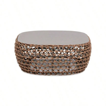 Willow 40.5 Oval Woven Patio Coffee Table, Golden Brown Wicker Frame, Wheat Beige
