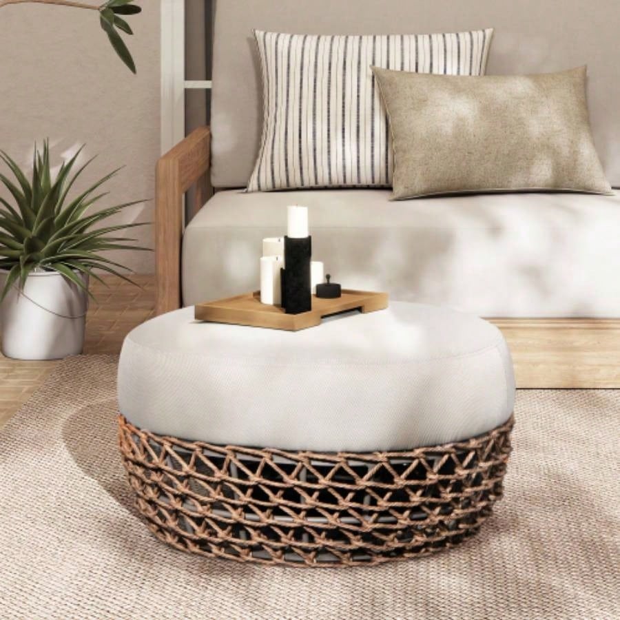 Willow 40.5 Oval Woven Patio Coffee Table, Golden Brown Wicker Frame, Wheat Beige
