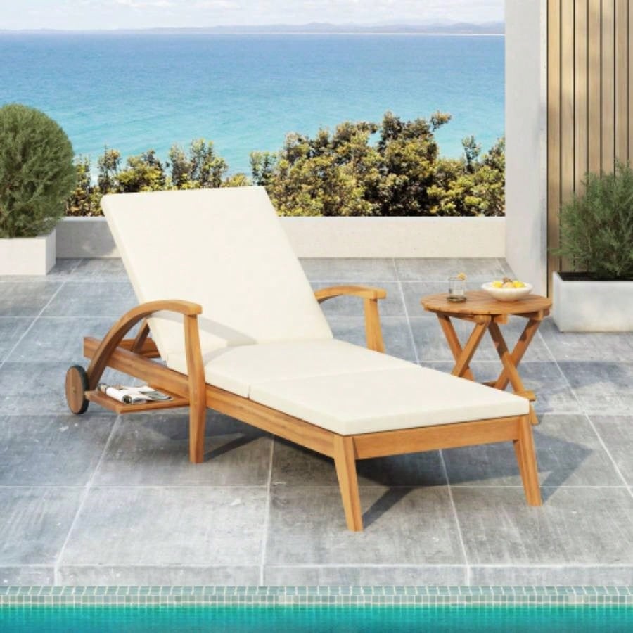 NO INSTALLATION REQUIRED, FOLDABLE AND ADJUSTABLE OUTDOOR ACACIA WOOD SIDE TABLE TEAK
