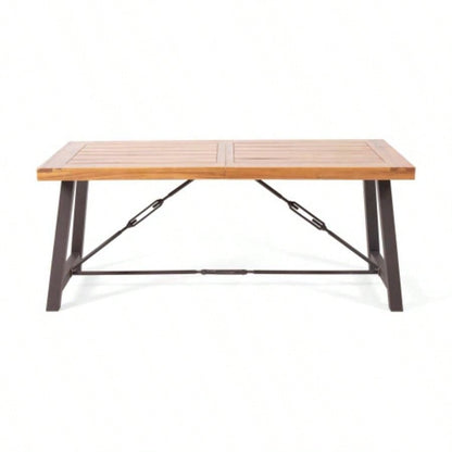 Outdoor Acacia Wood Metal Base Dining Table, Teak