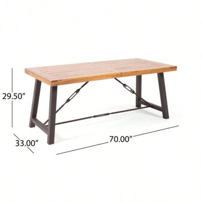 Outdoor Acacia Wood Metal Base Dining Table, Teak