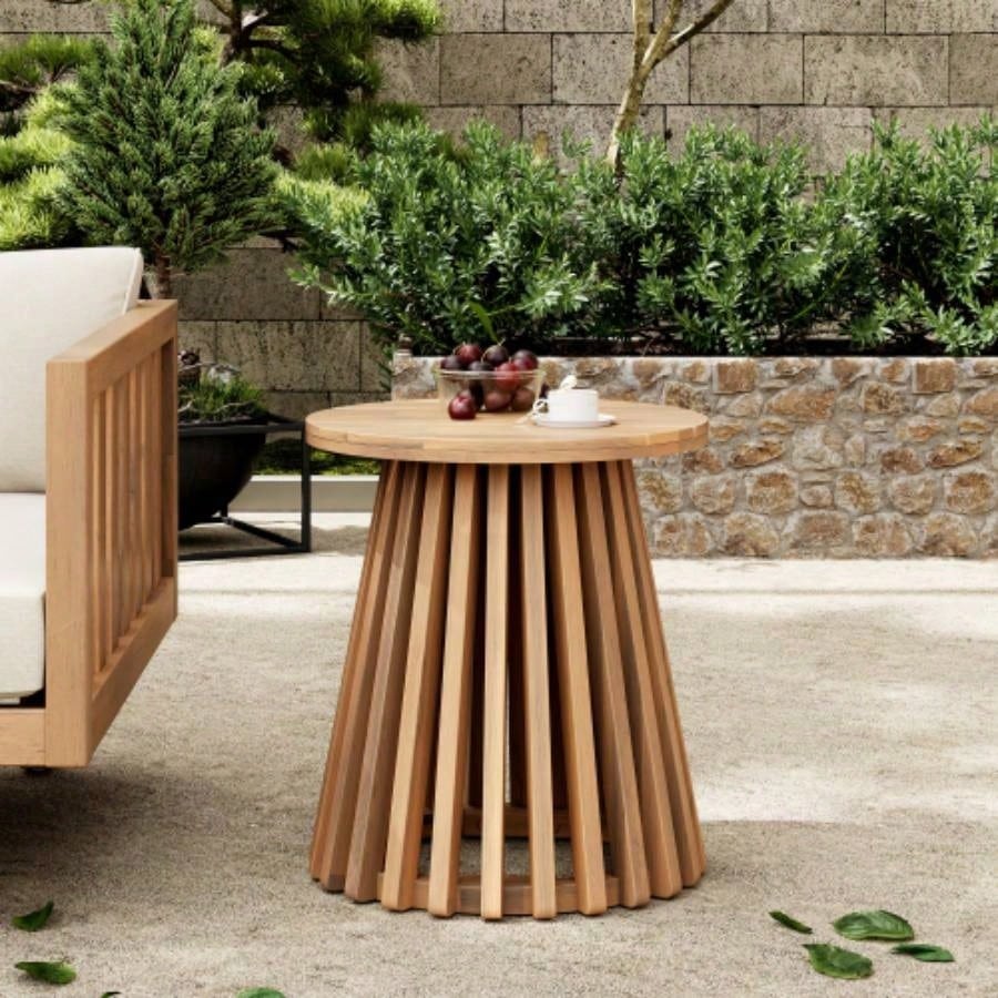 Outdoor Acacia Wood Patio Side Table, Round Coffee Table Backyard, Lawn, Balcony, Light Teak