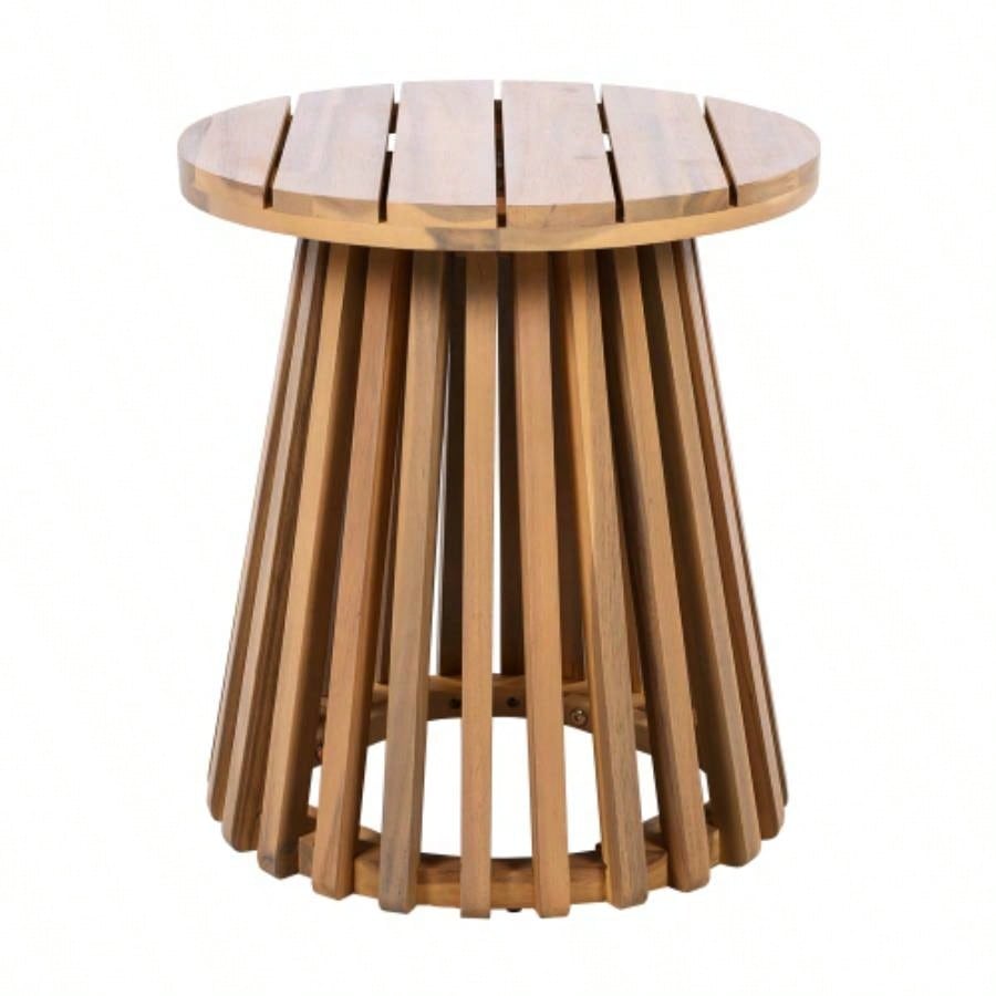Outdoor Acacia Wood Patio Side Table, Round Coffee Table Backyard, Lawn, Balcony, Light Teak