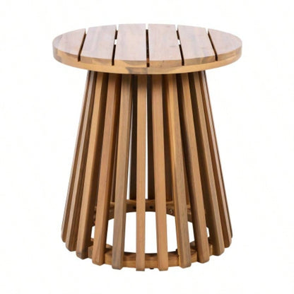 Outdoor Acacia Wood Patio Side Table, Round Coffee Table Backyard, Lawn, Balcony, Light Teak