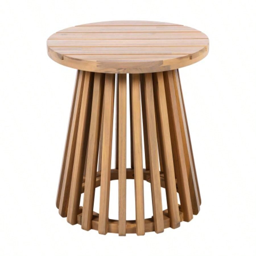 Outdoor Acacia Wood Patio Side Table, Round Coffee Table Backyard, Lawn, Balcony, Light Teak