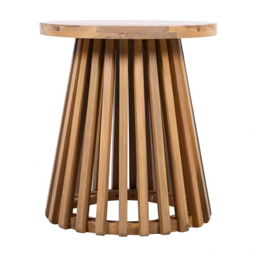 Outdoor Acacia Wood Patio Side Table, Round Coffee Table Backyard, Lawn, Balcony, Light Teak