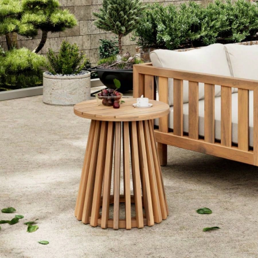 Outdoor Acacia Wood Patio Side Table, Round Coffee Table Backyard, Lawn, Balcony, Light Teak