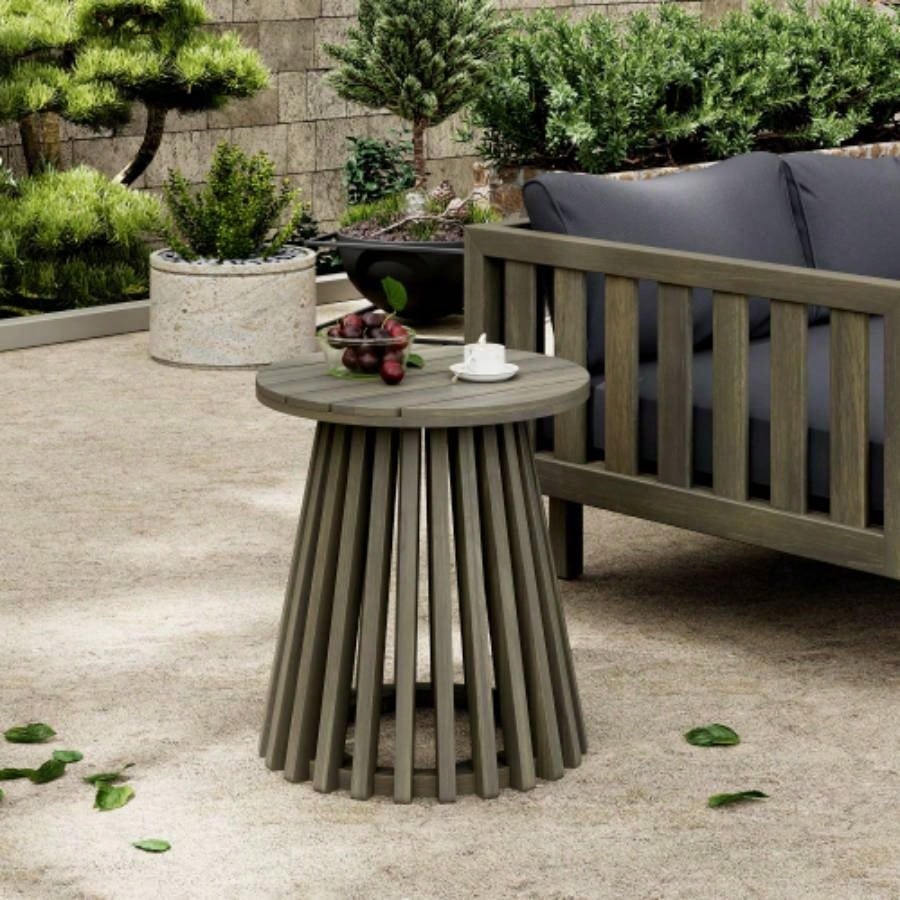 Outdoor Acacia Wood Patio Side Table, Round Coffee Table Backyard, Lawn, Balcony, Light Teak