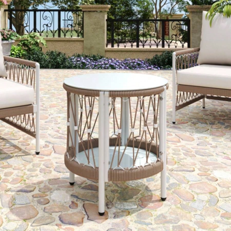 17.32 Bohemian Garden Accent Outdoor Side Table - Handwoven Rope with Powder - Coated Steel Frame, Glass Top, Small Patio End Table Drinks, Plants