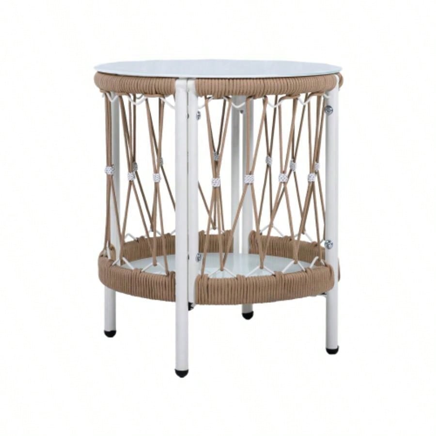 17.32 Bohemian Garden Accent Outdoor Side Table - Handwoven Rope with Powder - Coated Steel Frame, Glass Top, Small Patio End Table Drinks, Plants