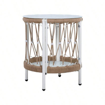 17.32 Bohemian Garden Accent Outdoor Side Table - Handwoven Rope with Powder - Coated Steel Frame, Glass Top, Small Patio End Table Drinks, Plants