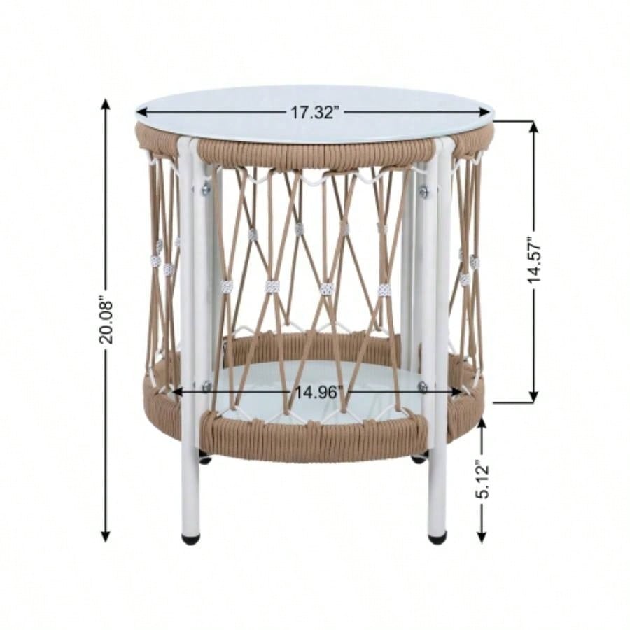 17.32 Bohemian Garden Accent Outdoor Side Table - Handwoven Rope with Powder - Coated Steel Frame, Glass Top, Small Patio End Table Drinks, Plants