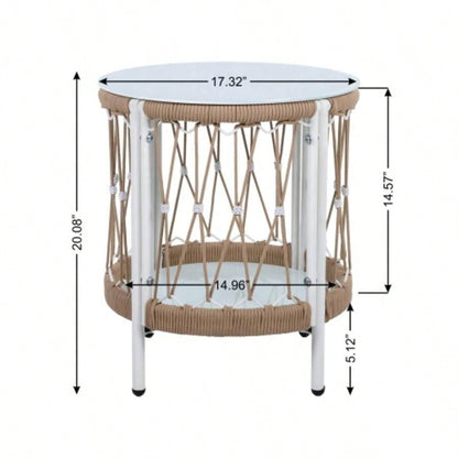 17.32 Bohemian Garden Accent Outdoor Side Table - Handwoven Rope with Powder - Coated Steel Frame, Glass Top, Small Patio End Table Drinks, Plants
