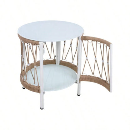 17.32 Bohemian Garden Accent Outdoor Side Table - Handwoven Rope with Powder - Coated Steel Frame, Glass Top, Small Patio End Table Drinks, Plants