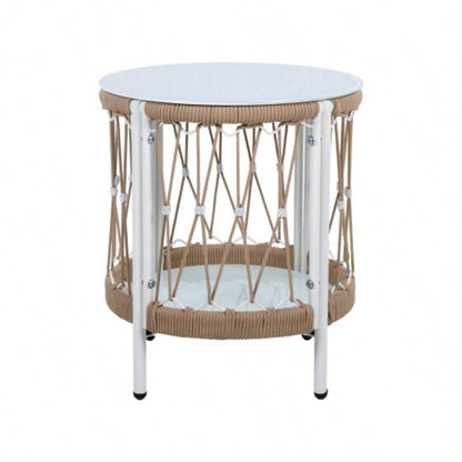 17.32 Bohemian Garden Accent Outdoor Side Table - Handwoven Rope with Powder - Coated Steel Frame, Glass Top, Small Patio End Table Drinks, Plants