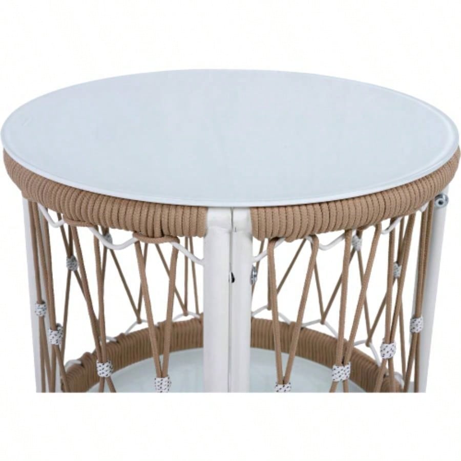 17.32 Bohemian Garden Accent Outdoor Side Table - Handwoven Rope with Powder - Coated Steel Frame, Glass Top, Small Patio End Table Drinks, Plants