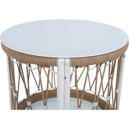17.32 Bohemian Garden Accent Outdoor Side Table - Handwoven Rope with Powder - Coated Steel Frame, Glass Top, Small Patio End Table Drinks, Plants