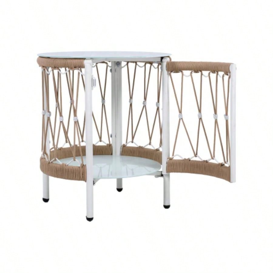 17.32 Bohemian Garden Accent Outdoor Side Table - Handwoven Rope with Powder - Coated Steel Frame, Glass Top, Small Patio End Table Drinks, Plants