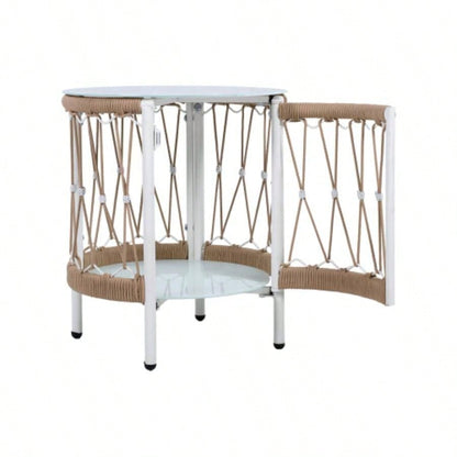 17.32 Bohemian Garden Accent Outdoor Side Table - Handwoven Rope with Powder - Coated Steel Frame, Glass Top, Small Patio End Table Drinks, Plants