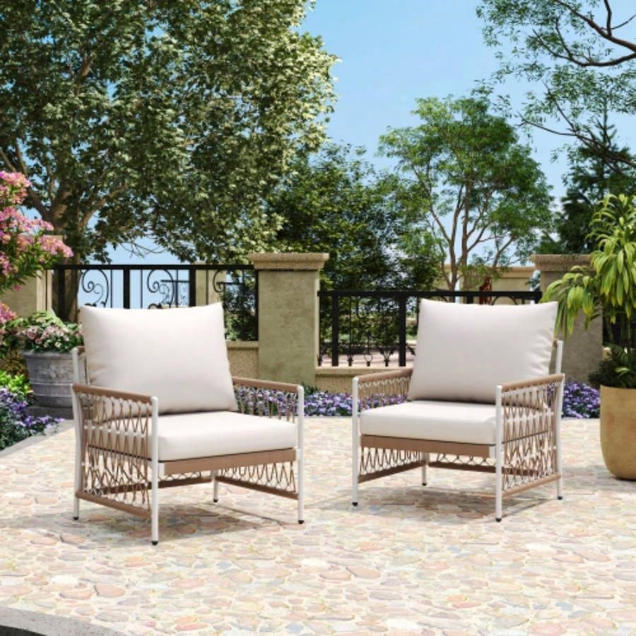 17.32 Bohemian Garden Accent Outdoor Side Table - Handwoven Rope with Powder - Coated Steel Frame, Glass Top, Small Patio End Table Drinks, Plants