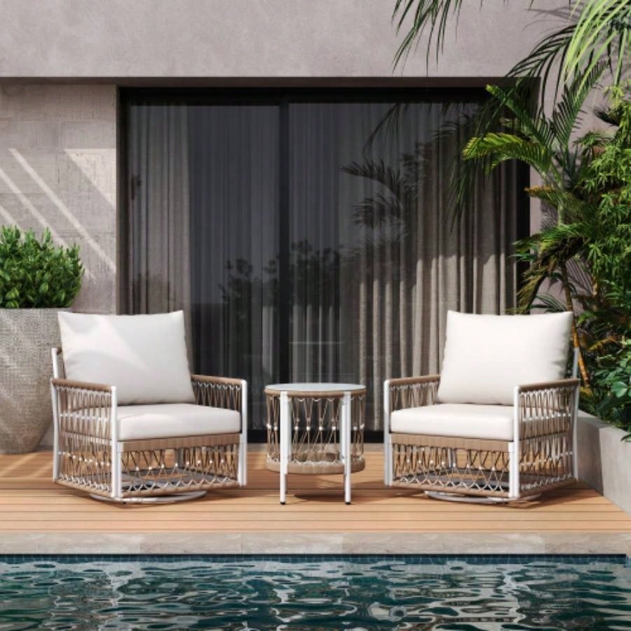 17.32 Bohemian Garden Accent Outdoor Side Table - Handwoven Rope with Powder - Coated Steel Frame, Glass Top, Small Patio End Table Drinks, Plants