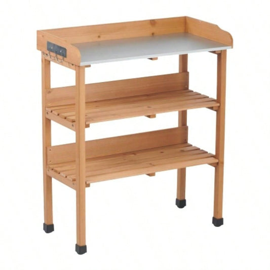 30x14.535.5 Potting Table/Metal Tabletop, 3 Layers Outdoor Work/Hook Garden, Solid Wood Workstation Garage