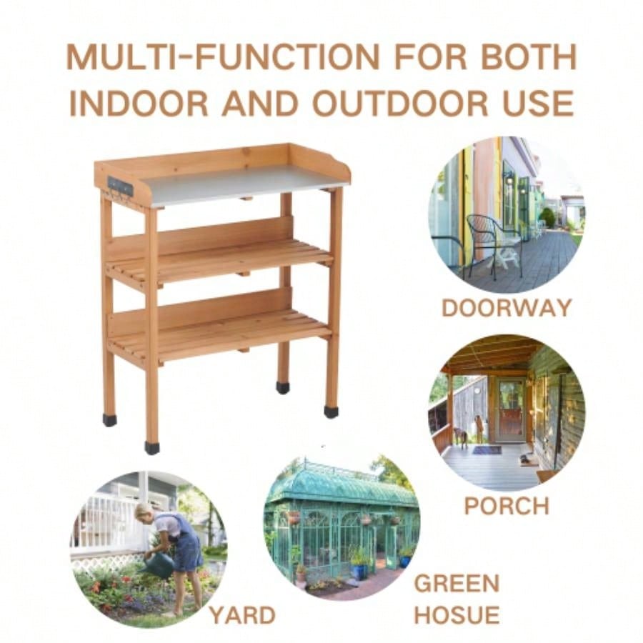 30x14.535.5 Potting Table/Metal Tabletop, 3 Layers Outdoor Work/Hook Garden, Solid Wood Workstation Garage
