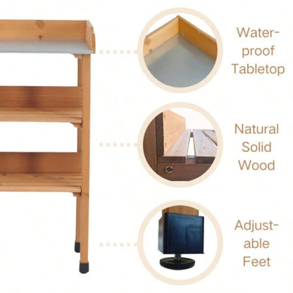 30x14.535.5 Potting Table/Metal Tabletop, 3 Layers Outdoor Work/Hook Garden, Solid Wood Workstation Garage