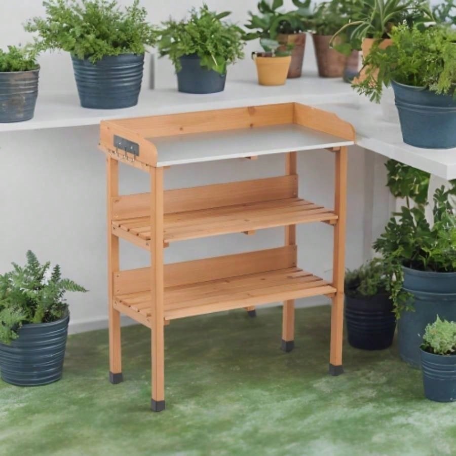 30x14.535.5 Potting Table/Metal Tabletop, 3 Layers Outdoor Work/Hook Garden, Solid Wood Workstation Garage