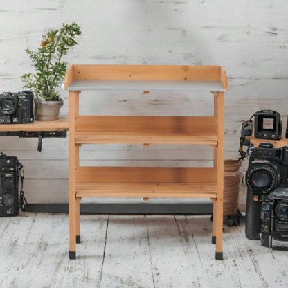 30x14.535.5 Potting Table/Metal Tabletop, 3 Layers Outdoor Work/Hook Garden, Solid Wood Workstation Garage