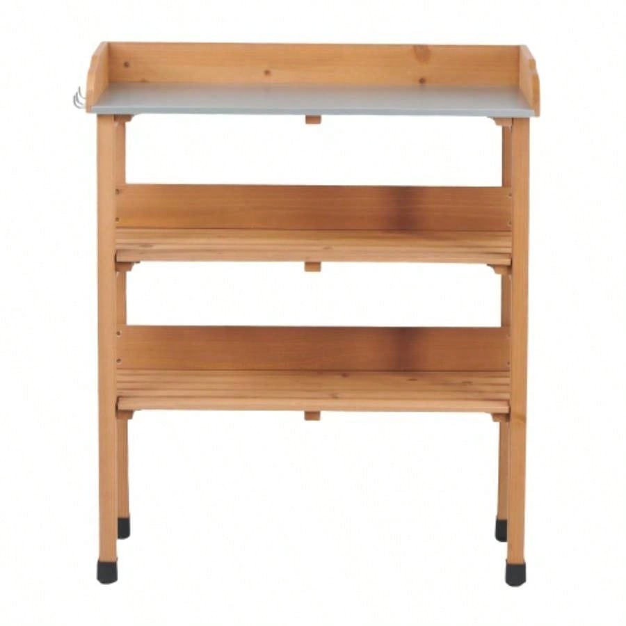 30x14.535.5 Potting Table/Metal Tabletop, 3 Layers Outdoor Work/Hook Garden, Solid Wood Workstation Garage