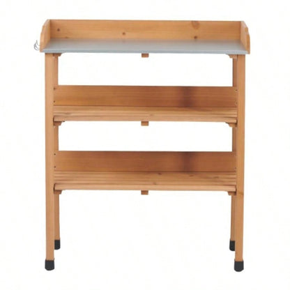 30x14.535.5 Potting Table/Metal Tabletop, 3 Layers Outdoor Work/Hook Garden, Solid Wood Workstation Garage