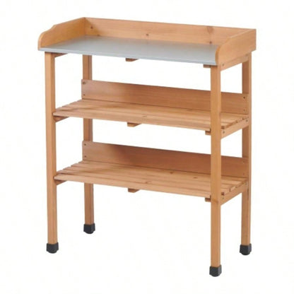 30x14.535.5 Potting Table/Metal Tabletop, 3 Layers Outdoor Work/Hook Garden, Solid Wood Workstation Garage