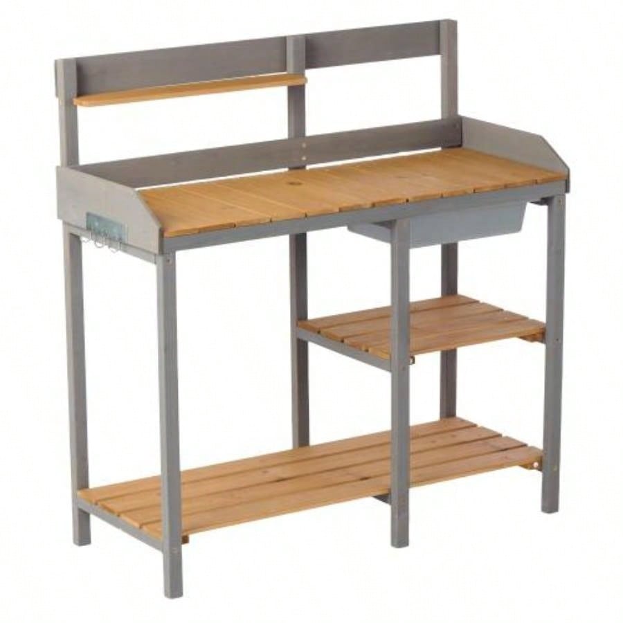 30x14.535.5 Potting Table/Metal Tabletop, 3 Layers Outdoor Work/Hook Garden, Solid Wood Workstation Garage