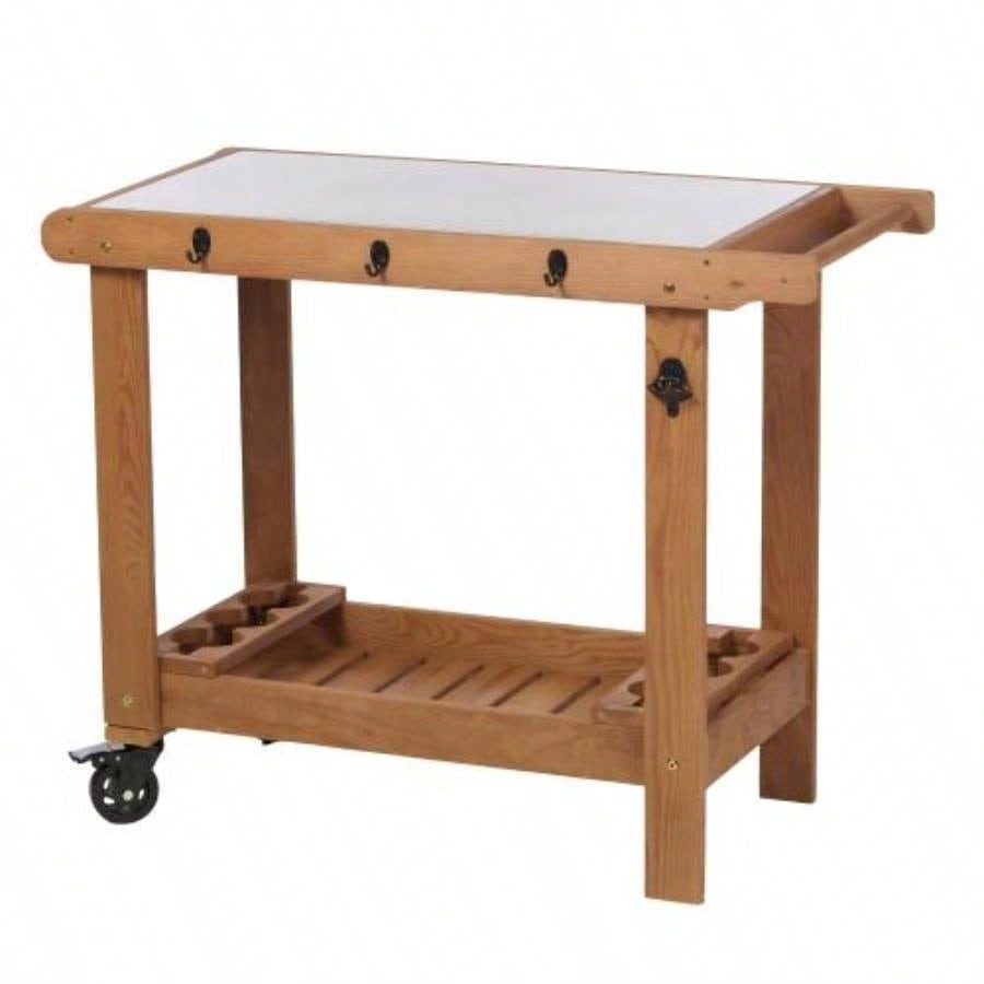 30x14.535.5 Potting Table/Metal Tabletop, 3 Layers Outdoor Work/Hook Garden, Solid Wood Workstation Garage
