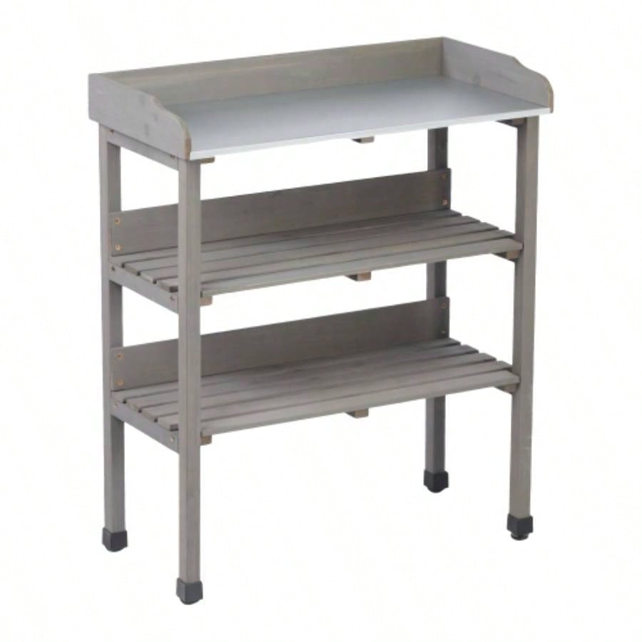 30x14.535.5 Potting Table/Metal Tabletop, 3 Layers Outdoor Work/Hook Garden, Solid Wood Workstation Garage