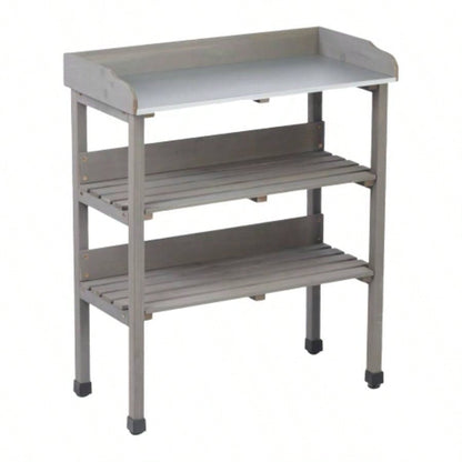 30x14.535.5 Potting Table/Metal Tabletop, 3 Layers Outdoor Work/Hook Garden, Solid Wood Workstation Garage