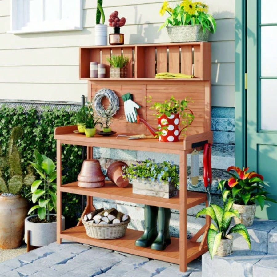 TOPMAX 65 Large Wooden Farmhouse Rustic Outdoor Potting Table, Patio Workstation, Garden Potting with 4 Storage Shelves and Side Hook, Natural